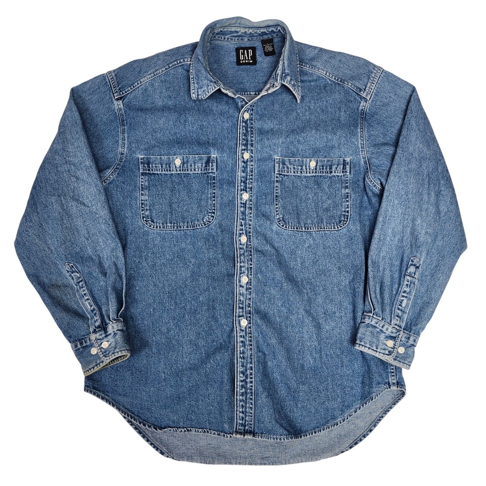 Vintage 90s GAP Denim Shirt Button Up Medium Wash Grunge Shacket Workwear Large